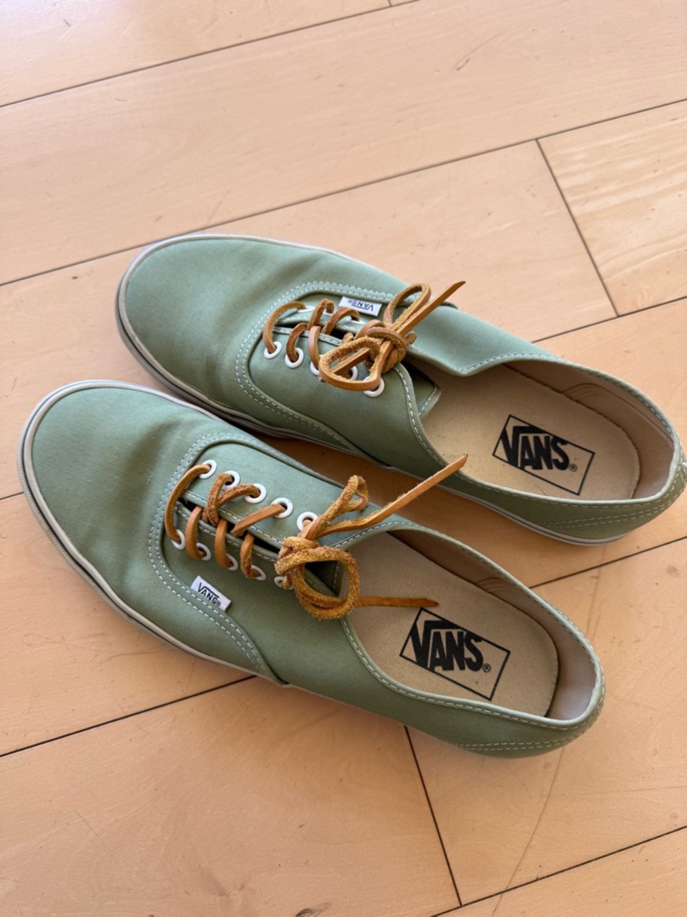 Vans Authentic Low-Top Canvas Sneakers in Sage Green with leather Tan Laces